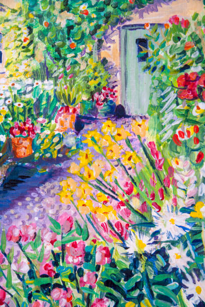ścieżka ogrodowa domków, drzwi wejściowe i obramowania kwiatów, detale techniki malowania akrylowego. - paintings canvas cottage painted image stock illustrations