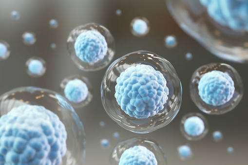 Cellular Therapy and Regeneration, microscope of cell, Embryonic stem cells background.