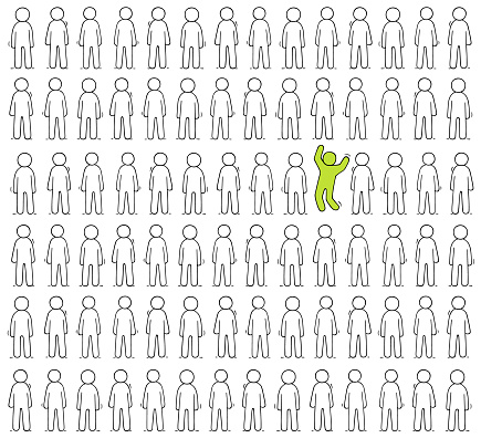 Cartoon working  little people stand in a row. Doodle cute scene of workers about individuality. Hand drawn vector illustration for business design.