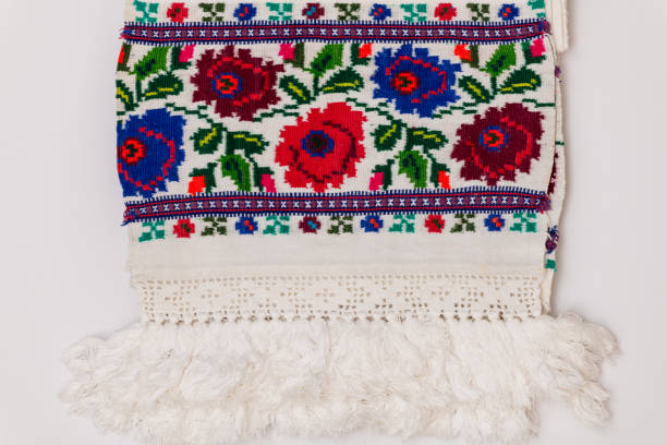 Closeup of Eastern European embroidery design with floral motifs found on towels and clothing.