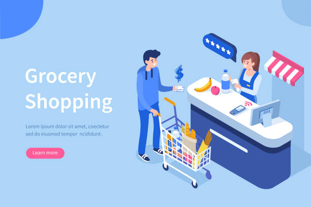 cashier Retail woman cashier with barcode scanner and customer with purchases.Can use for web banner, infographics, hero images. Flat isometric vector illustration isolated on white background. people grocery shopping stock illustrations