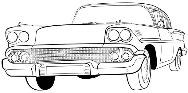 illustrazioni stock, clip art, cartoni animati e icone di tendenza di american classic car - hood car headlight bumper