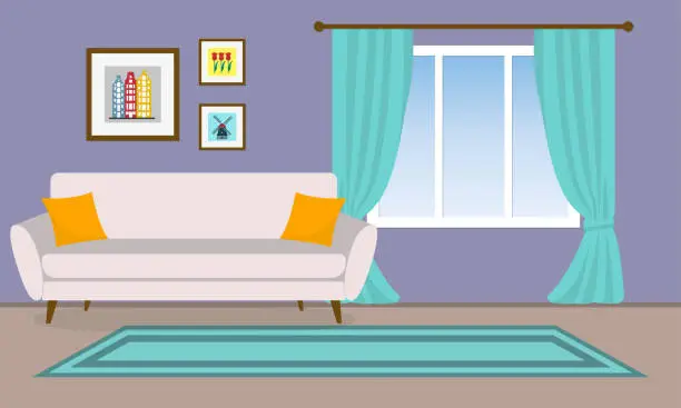 Vector illustration of Living room interior. Vector background with sofa, pictures and window with curtains. Home or house design. Modern decor. Vector illustration.