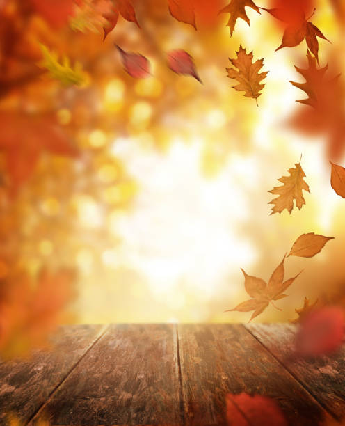 istock Autumn Falling Leaves and Wooden Table 1038816096