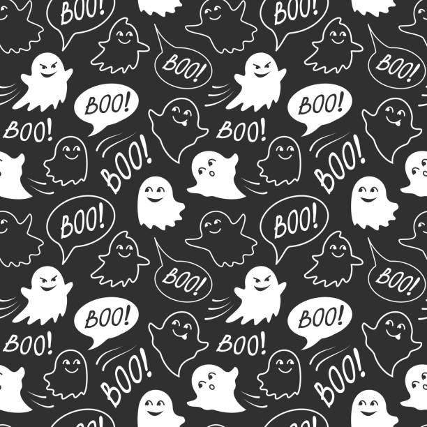 Halloween festive seamless pattern. Black and white endless background with speech bubble with boo, cute smiling and spooky ghosts Halloween festive seamless pattern. Black and white endless background with speech bubble with boo, cute smiling and spooky ghosts halloween patterns stock illustrations