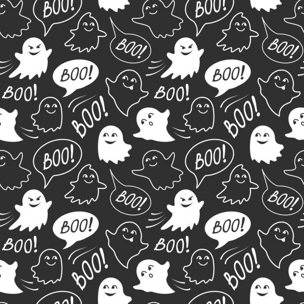 Halloween festive seamless pattern. Black and white endless background with speech bubble with boo, cute smiling and spooky ghosts Halloween festive seamless pattern. Black and white endless background with speech bubble with boo, cute smiling and spooky ghosts cute ghost stock illustrations