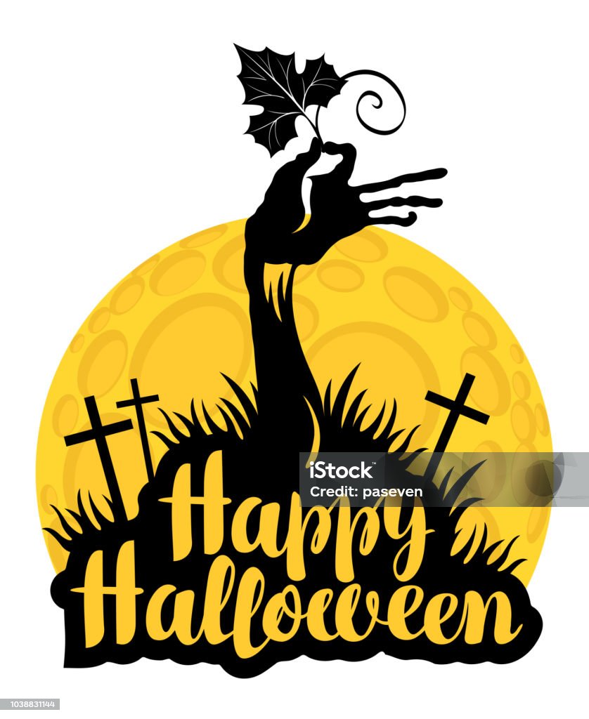 Halloween lettering with zombie hand on cemetery Happy Halloween lettering with zombie hand and pumpkin leaf at the cemetery on the background of full moon. Vector calligraphic inscription for banner, poster, greeting card, party invitation. Arm stock vector