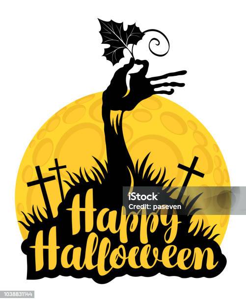 Halloween Lettering With Zombie Hand On Cemetery Stock Illustration - Download Image Now - Arm, Black Color, Branch - Plant Part