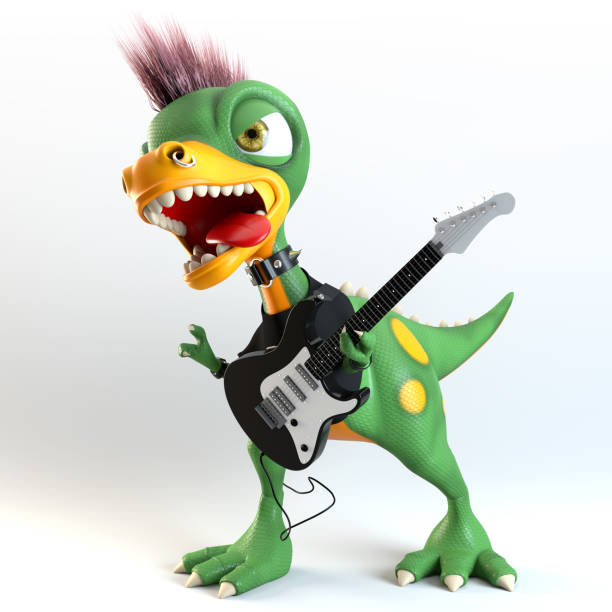 istock funny punk dinosaur character playing guitar 1038833324