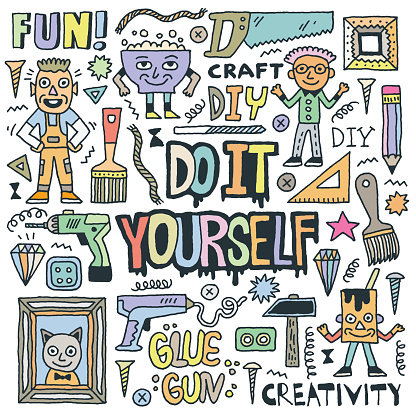Do It Yourself. Creativity Craft Funny Doodle Set. Color Drawing. Vector Illustration.