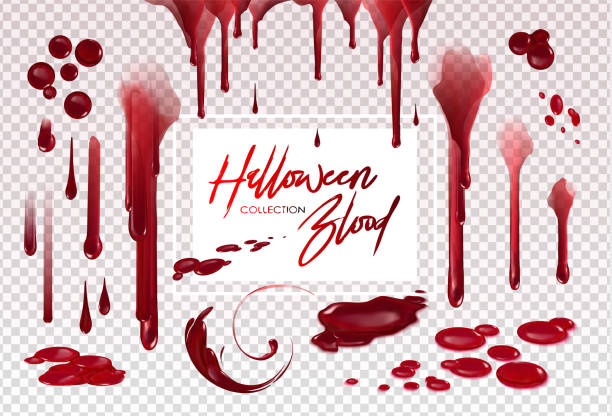 Blood collection, Happy Halloween decoration, Vector bloody horror drop, drip, splatter, creepy splash, spot... Blood collection, Happy Halloween decoration, Vector bloody horror drop, drip, splatter, creepy splash, spot, ... Realistic blood on transparent background, isolated. blood drop stock illustrations