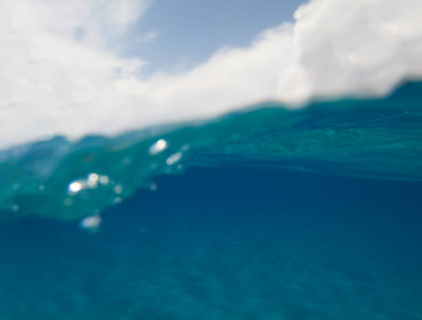 istock half underwater view with blue sky and crystal turquoise sea 1038856798