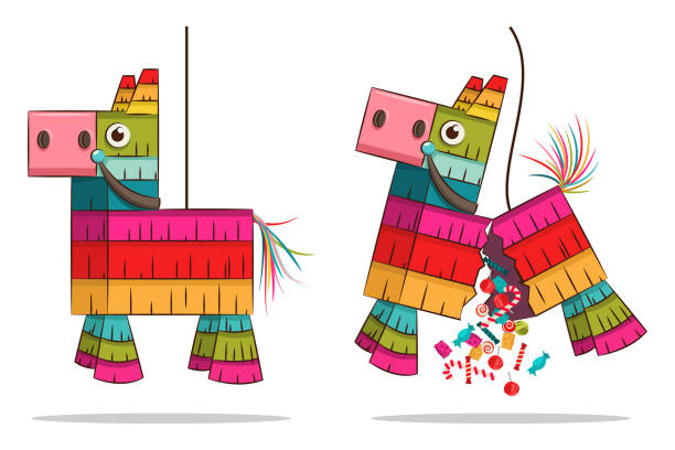 mexikanische pinata pferd mit süßigkeiten. cartoon tierspielzeug vektorgrafik isoliert auf weißem hintergrund. - papiermache stock-grafiken, -clipart, -cartoons und -symbole