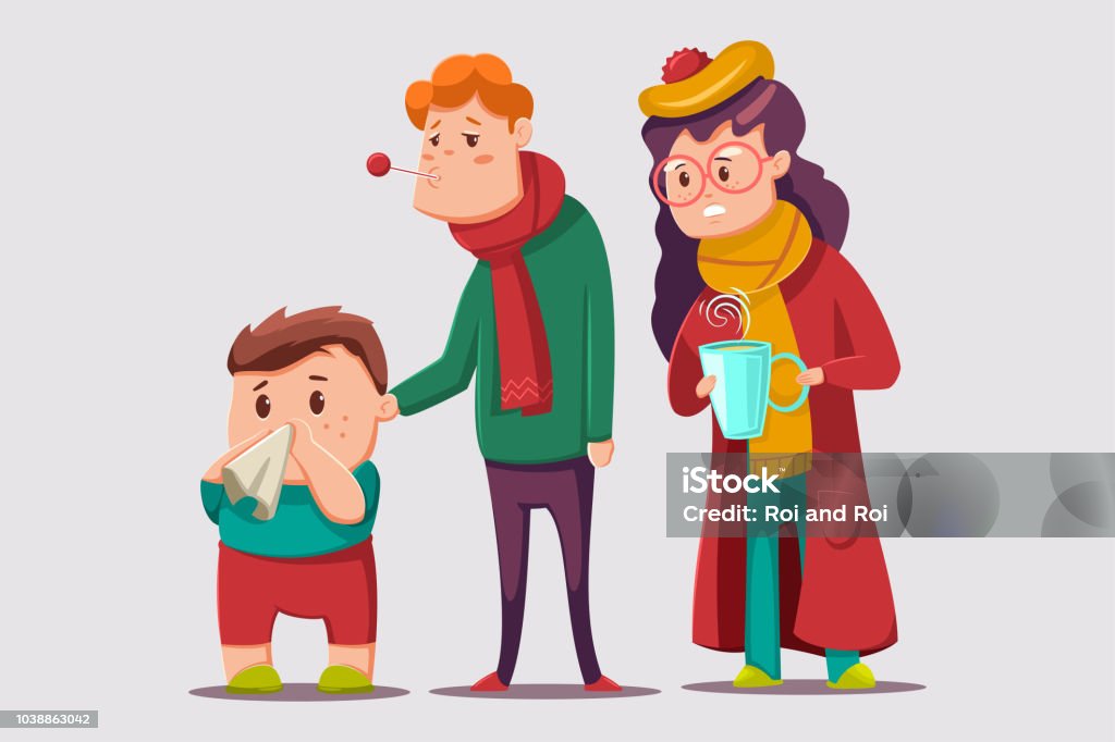 Cold and flu vector cartoon illustration. Sick family character. Ill people isolated on background. Cold and flu people vector cartoon illustration. Cold And Flu stock vector