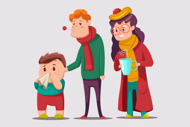 Cold and flu vector cartoon illustration. Sick family character. Ill people isolated on background. Cold and flu people vector cartoon illustration. cold and flu family stock illustrations
