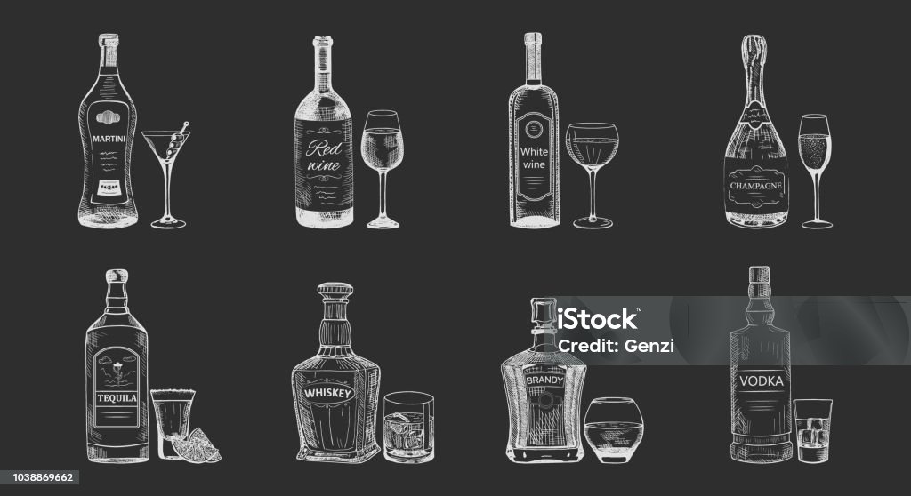 Set di bevande alcoliche isolate, schizzo bottiglie - arte vettoriale royalty-free di Bottiglia