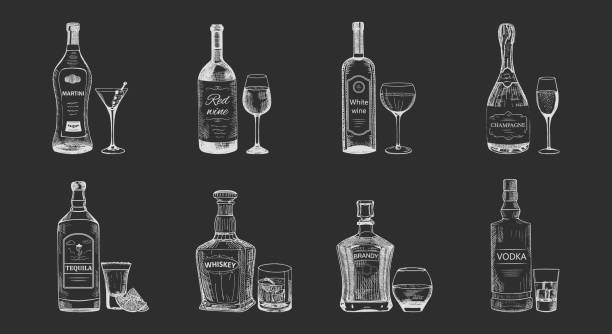 Set of isolated alcohol beverages, bottles sketch Set of isolated alcohol beverages sketches. Bottles of vodka, champagne, tequila, brandy, red and white wine, whiskey, martini near wineglass. May be used for restaurant or bar menu tequila drink illustrations stock illustrations