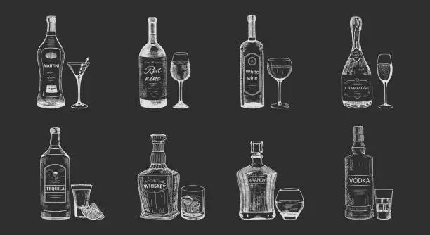 Vector illustration of Set of isolated alcohol beverages, bottles sketch