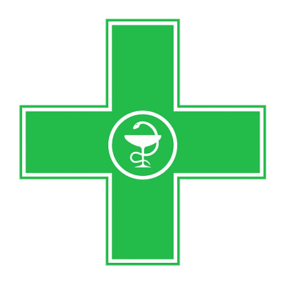 Green pharmacy cross isolated on white background. 3D Illustration