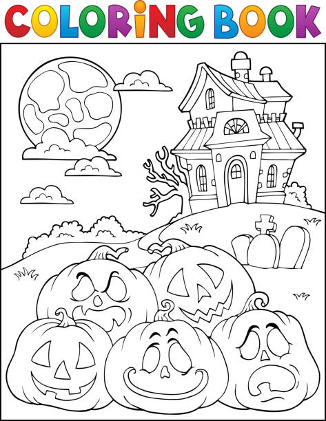 Coloring book Halloween pumpkins pile 2 vector art illustration