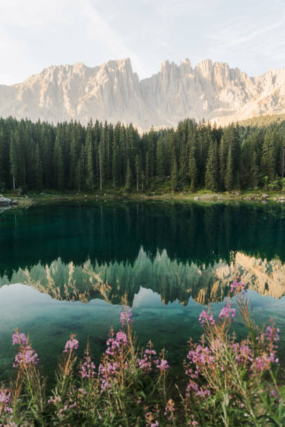 Scenic view of Lago di Carezza in Dolomites