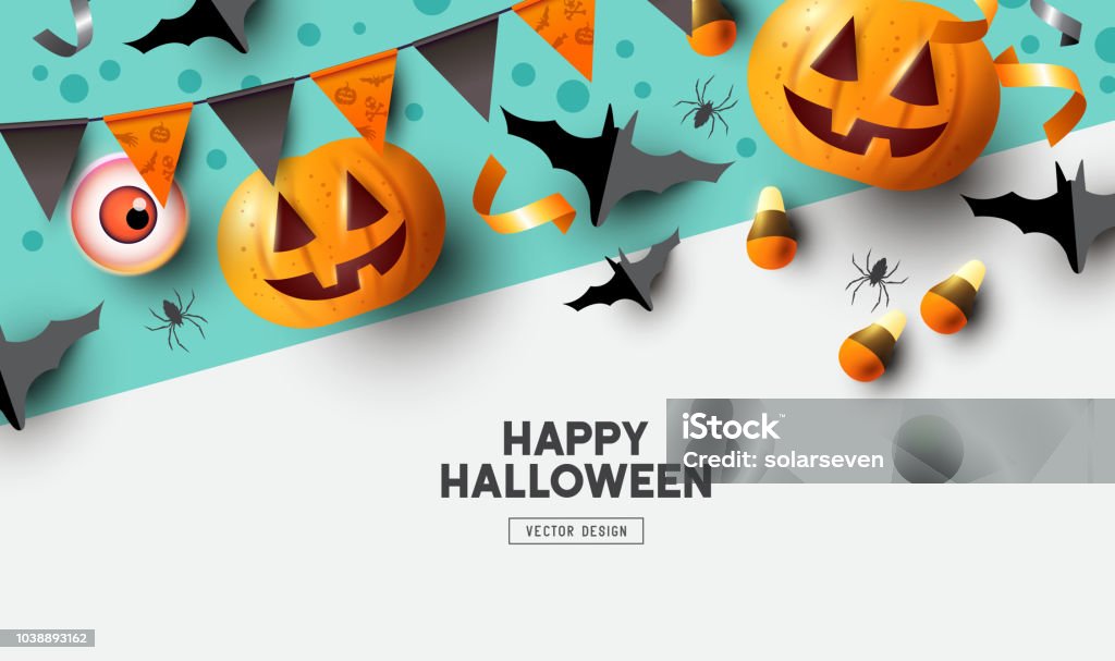 Happy Halloween Background Design Happy Halloween holiday party Composition with Jack O' Lantern pumpkins, party decorations and sweets. Background top view vector illustration. Halloween stock vector