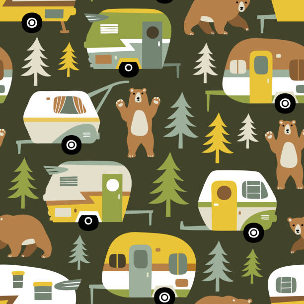 Camping cars, bears and woods. Seamless vector pattern on dark green background. camping patterns stock illustrations