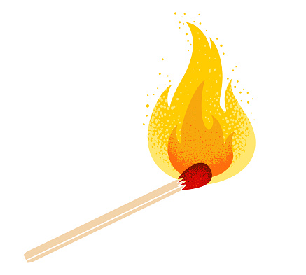Vector retro illustration of a match with fire. Vintage icon of match with flame