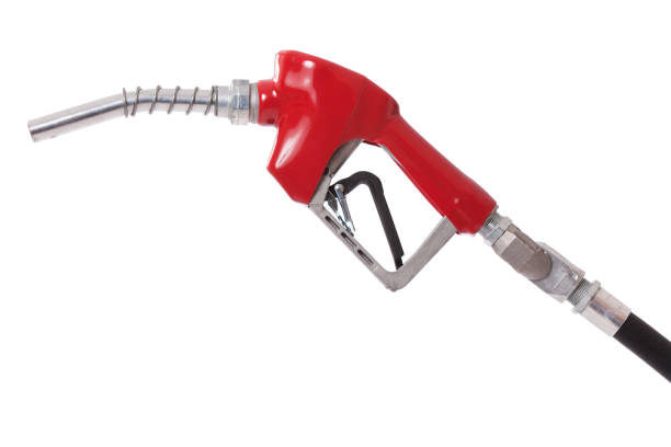 A gasoline pump nozzle with a red vinyl covered handle isolated on white stock photo