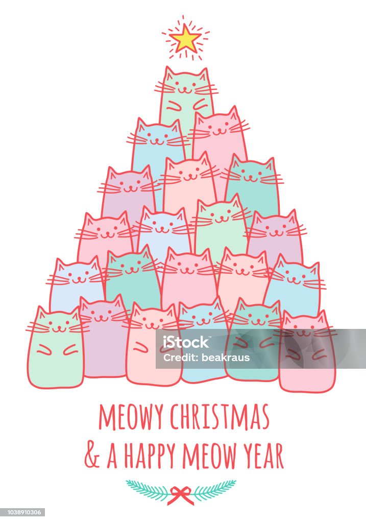 Christmas card with cute cat tree, vector Christmas card with cute kawaii cats, meowy Christmas, vector doodle drawing Christmas stock vector
