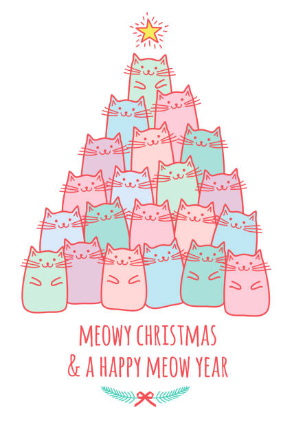 Christmas card with cute cat tree, vector Christmas card with cute kawaii cats, meowy Christmas, vector doodle drawing pink christmas tree stock illustrations
