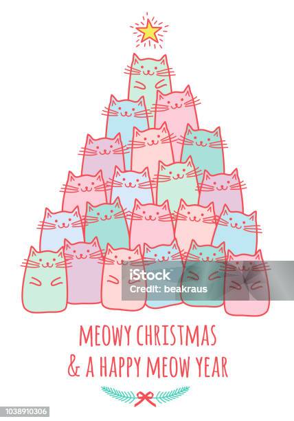 Christmas Card With Cute Cat Tree Vector Stock Illustration - Download Image Now - Christmas, Domestic Cat, Pink Color