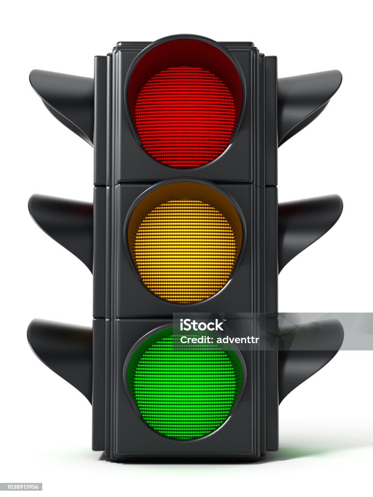 Traffic light with red, yellow and green lights Traffic light with red, yellow and green lights isolated on white. Stoplight Stock Photo