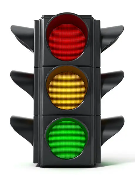 Traffic light with red, yellow and green lights isolated on white.