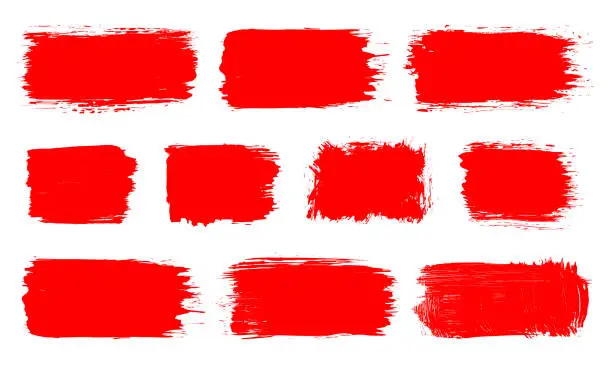 Vector illustration of Red paint acril, ink grunge brush set, strokes, spots, banners, frame, design elements.