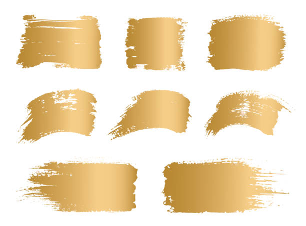 Golden brush grunge spots, strokes, brush paint; gold frame, backgrounds, banners set for text und logo. vector art illustration