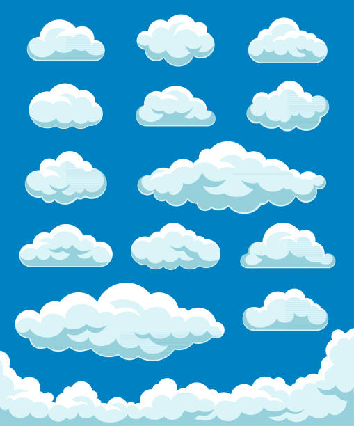 ilustraciones, imágenes clip art, dibujos animados e iconos de stock de conjunto de nubes - cotton cloud cloudscape cumulus cloud