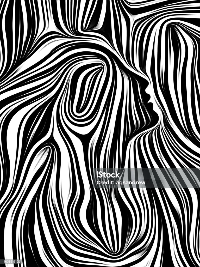 Synergies of Inner Lines Inner Geometry series. Background design of Human Face rendered in traditional woodcut style on the subject of human soul, internal drama, art, poetry and spirituality Abstract stock illustration