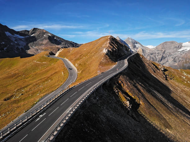 Aerial view of Fuscher Torl pass on Grossglockner scenic High Alpine Road, Austria Aerial of Grossglockner road, Austria grossglockner stock pictures, royalty-free photos & images