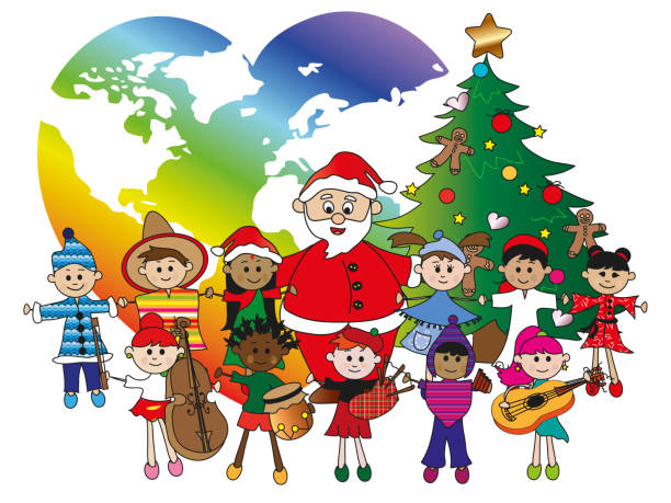 christmas illustration of santa claus with children diverse family christmas stock illustrations