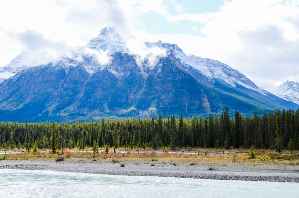 istock Athabasca River and Mountain range in Autumn (red leaves), The Icefields Parkway, Canadian Rockies, Alberta, Canada 1038931548