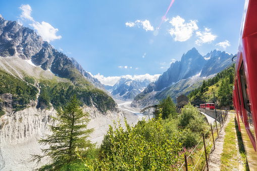 Red Train Going To Montenvers Mer de Glace Station, Mont Blanc Massif, Chamonix, France