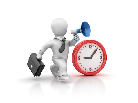 Business Character and Clock Running with Megaphone - White Background - 3D Rendering