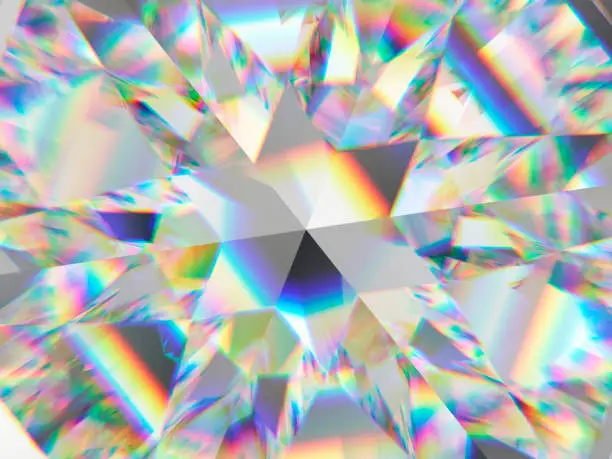 Photo of diamond structure extreme closeup and kaleidoscope. top view of round gemstone 3d render, 3d illustration