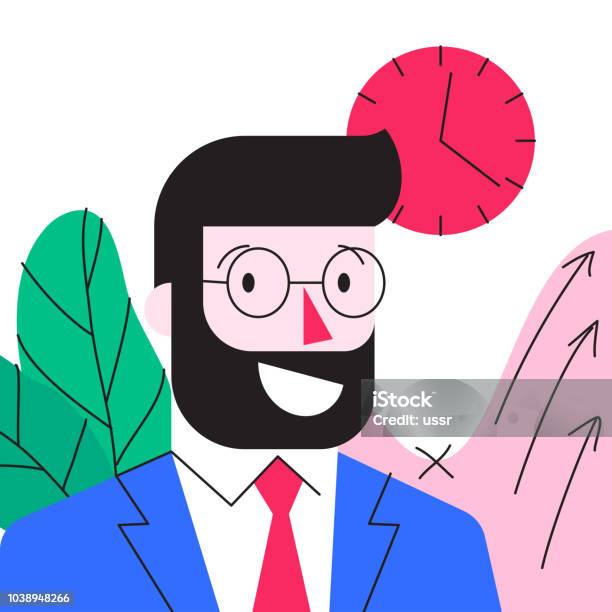 Cartoon Character Of Smiling Young Bearded Businessman In Formal Suit In Office Editable Stroke Stock Illustration - Download Image Now