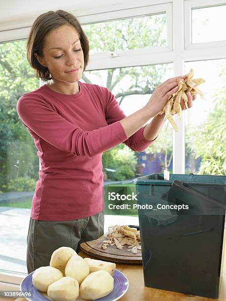 Woman Recycling Food Waste Stock Photo - Download Image Now - Raw Potato, Peel - Plant Part, One Woman Only