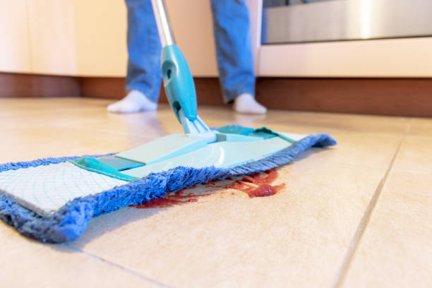 istock Cropped image of beautiful young woman using a blue mop while cleaning the floor in kitchen 1038965176