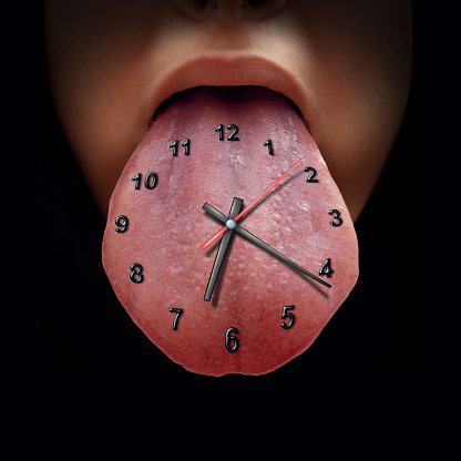 Eating schedule and diet or meal time planning breakfast lunch and dinner as a clock on a human tongue with 3D illustration elements.
