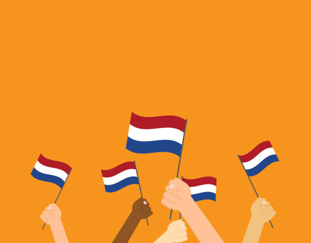 stockillustraties, clipart, cartoons en iconen met vector illustratie handen met nederlandse vlaggen op een oranje achtergrond - nederland