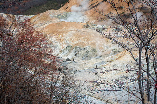 Noboribetsu Jigokudani or Hell Valley above the town of Noboribetsu Onsen, hot steam vents, sulfurous streams ,volcanic activity.